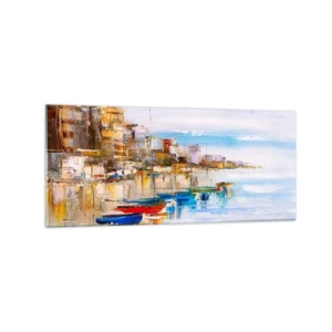 Obraz na szkle - Kolorowe łodzie przy brzegu z widokiem na miejską panoramę - 120x50cm - Wielobarwna miejska przystań - Nowoczesna dekoracja ścienna do salonu i sypialni ARTTOR