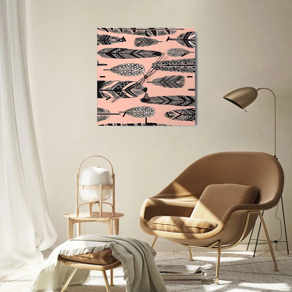 Zegar ścienny - Dekoracyjne pióra na jasnym tle - 30x30cm - Indiańska kolekcja - Nowoczesna dekoracja ścienna do salonu i sypialni ARTTOR