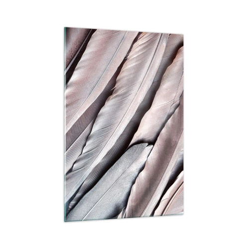 Obraz na szkle - Delikatne pióra w subtelnych odcieniach szarości i beżu - 70x100cm - W różowej srebrzystości - Nowoczesna dekoracja ścienna do salonu i sypialni ARTTOR
