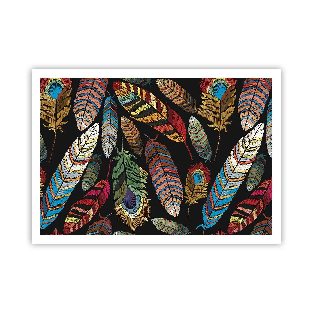 Plakat - Kolorowe pióra na czarnym tle - 100x70cm - Ptasi karnawał - Nowoczesna dekoracja ścienna do salonu i sypialni ARTTOR