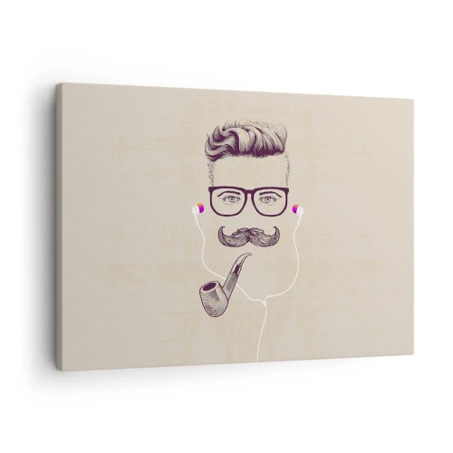 Obraz na płótnie - Retro portret mężczyzny z fajką, słuchawkami i okularami - 70x50cm - Prawdziwy mężczyzna? - Nowoczesna dekoracja ścienna do salonu i sypialni ARTTOR