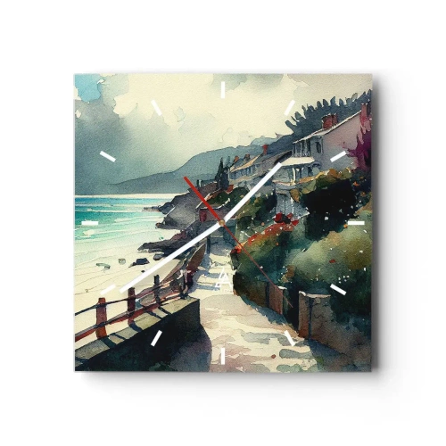 Zegar ścienny - Nadmorska promenada z domami i roślinnością - 30x30cm - Śródziemnomorskie miasteczko - Nowoczesna dekoracja ścienna do salonu i sypialni ARTTOR