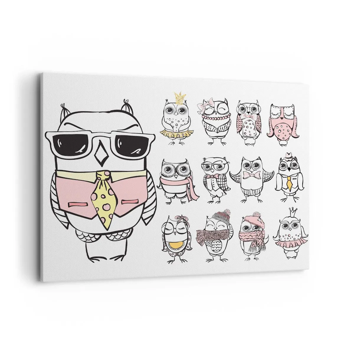 Obraz na płótnie - Sowy w różnych stylach i ubraniach - 100x70cm - Tyle ról do zagrania - Nowoczesna dekoracja ścienna do salonu, kuchni i sypialni ARTTOR
