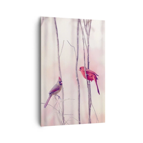 Obraz na płótnie - Para kardynałów na gałęziach w pastelowym krajobrazie - 80x120cm - Opowieść różowego lasu - Nowoczesna dekoracja ścienna do salonu i sypialni ARTTOR