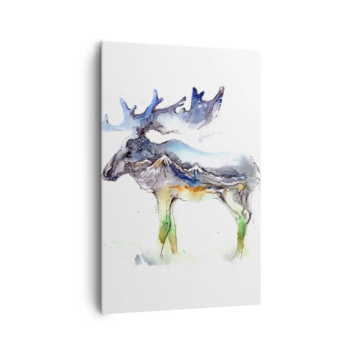 Obraz na płótnie - Akwarelowa sylwetka łosia z górskim pejzażem - 80x120cm - Bohater zimowej opowieści - Nowoczesna dekoracja ścienna do salonu i sypialni ARTTOR