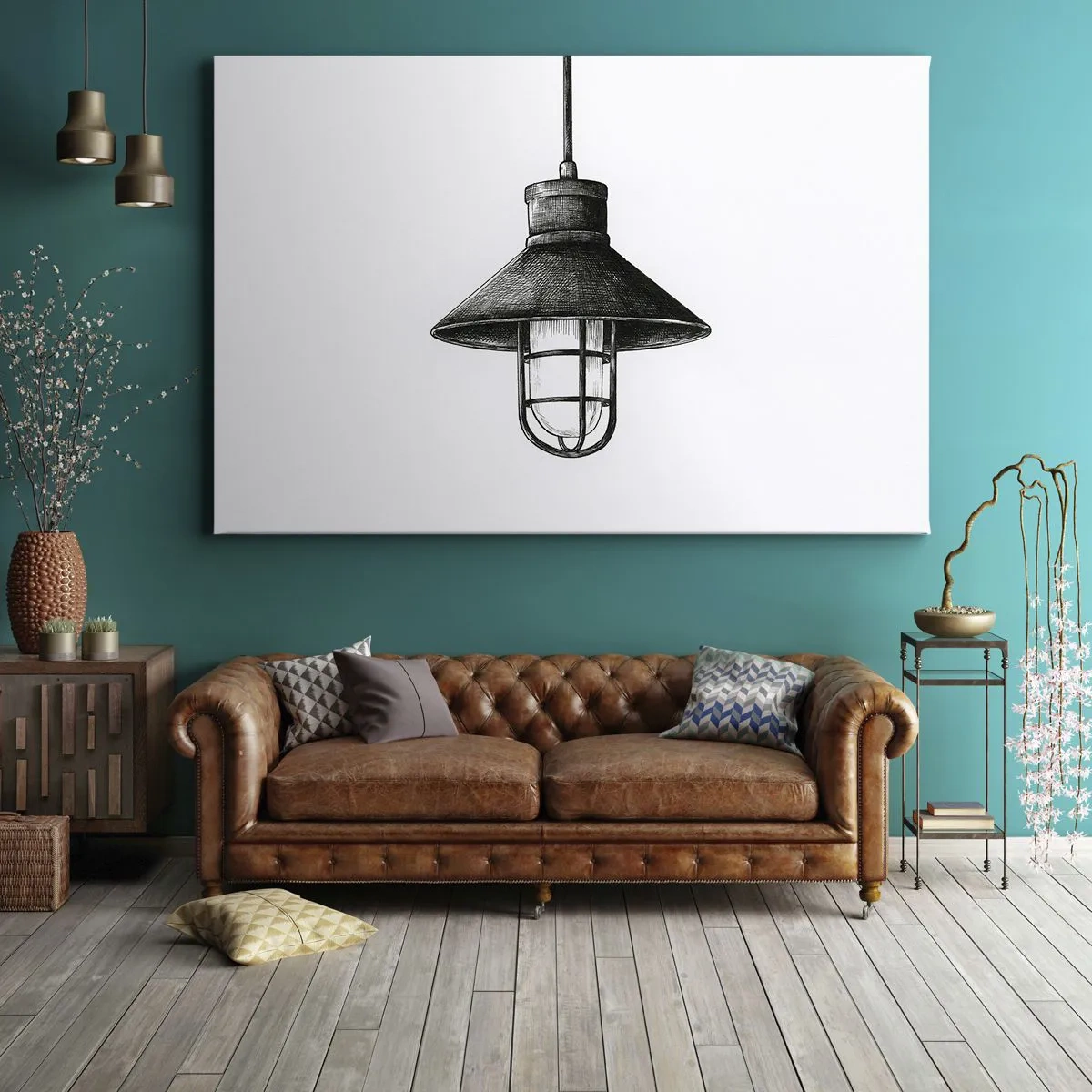 Obraz na płótnie - Rysunek wiszącej lampy w stylu retro na białym tle - 70x50cm - Jak przed laty… - Nowoczesna dekoracja ścienna do salonu i sypialni ARTTOR