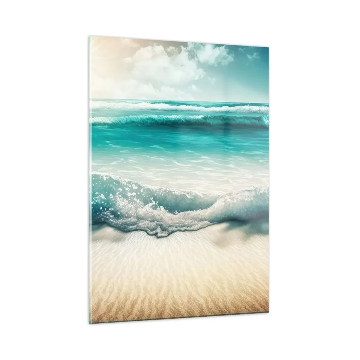 Obraz na szkle - Turkusowe fale oceanu uderzające o piaszczystą plażę - 50x70cm - Spokój oceanu - Nowoczesna dekoracja ścienna do salonu, kuchni i sypialni ARTTOR