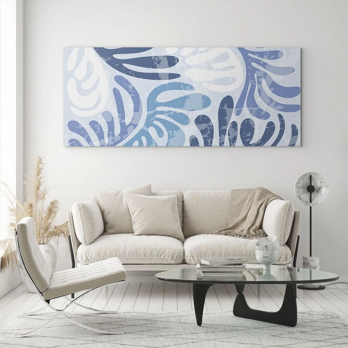 Obraz na szkle - Abstrakcyjne kształty w odcieniach błękitu na białym tle - 160x50cm - Błękitne paprocie - Nowoczesna dekoracja ścienna do salonu i sypialni ARTTOR