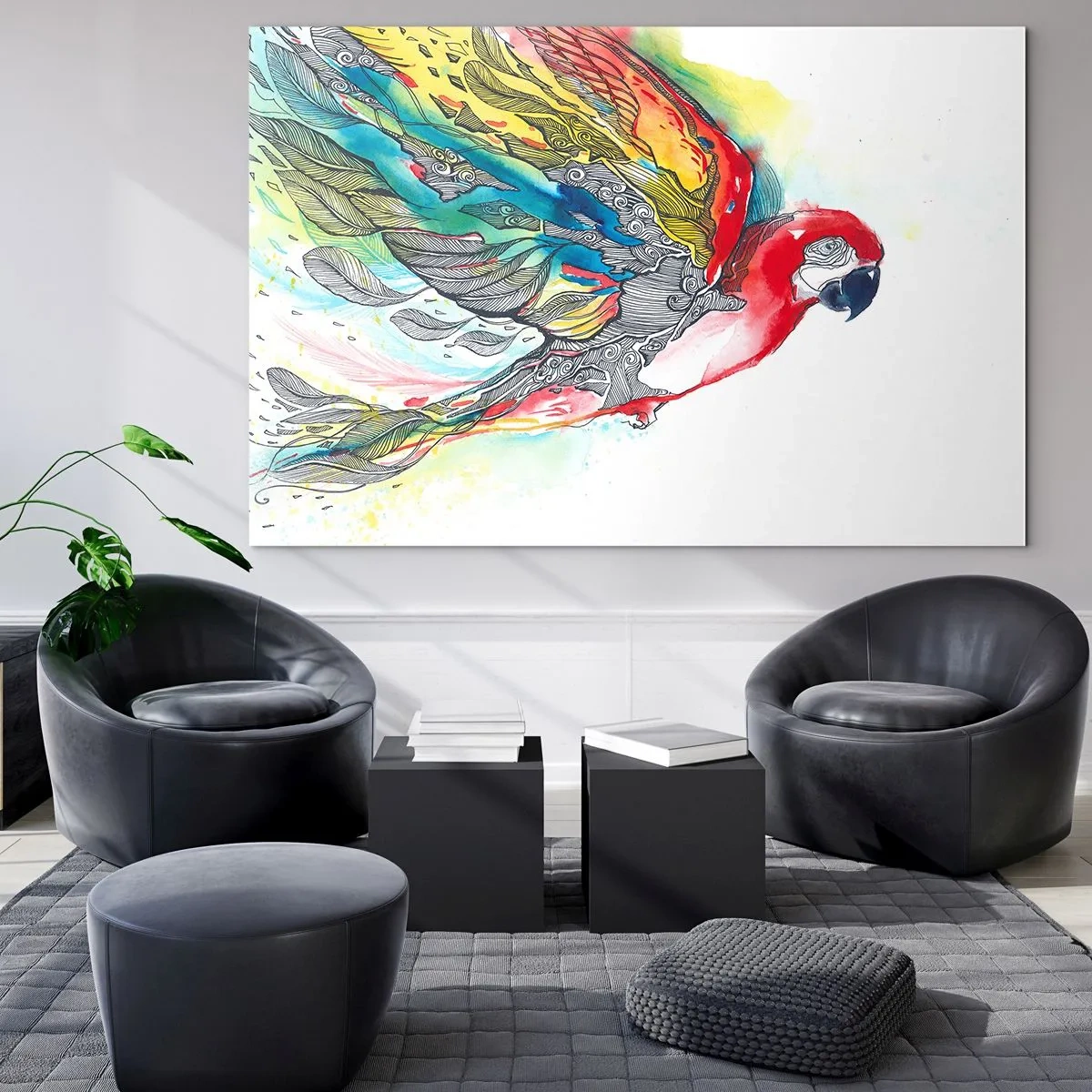 Obraz na szkle - Kolorowa papuga z artystycznymi skrzydłami i detalami - 120x80cm - Żyj kolorowo - Nowoczesna dekoracja ścienna do salonu, kuchni i sypialni ARTTOR