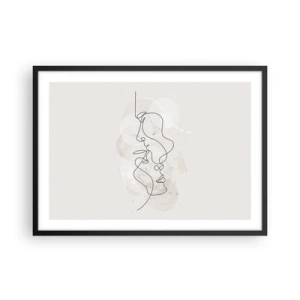 Plakat w czarnej ramie - Abstrakcyjny kontur dwóch twarzy na jasnym tle - 70x50cm - Splątani w uścisku - Nowoczesna dekoracja ścienna do salonu i sypialni ARTTOR