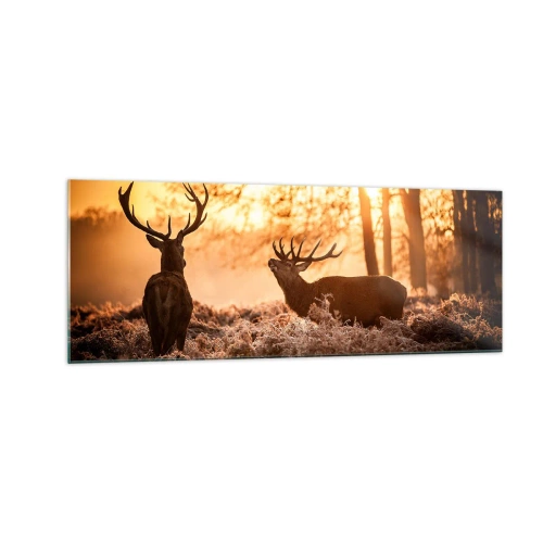 Obraz na szkle - Dwa jelenie o zachodzie słońca w zimowym krajobrazie - 140x50cm - Marzenie myśliwego - Nowoczesna dekoracja ścienna do salonu i sypialni ARTTOR