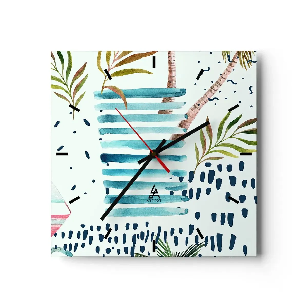 Zegar ścienny - Abstrakcyjny wzór z palmami i akcentami marynistycznymi - 30x30cm - Wakacje pod palmami - Nowoczesna dekoracja ścienna do salonu i sypialni ARTTOR