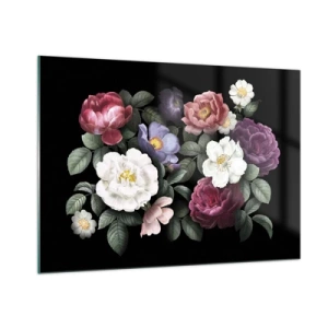 Obraz na szkle - Kwiatowa kompozycja z piwoniami na czarnym tle - 100x70cm - Z angielskiego ogrodu - Nowoczesna dekoracja ścienna do salonu, kuchni i sypialni ARTTOR