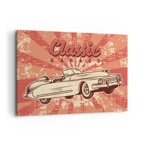 Obraz na płótnie - Retro plakat z klasycznym samochodem i napisem Classic Garage - 120x80cm - A w radiu Elvis - Nowoczesna dekoracja ścienna do salonu, kuchni i sypialni ARTTOR