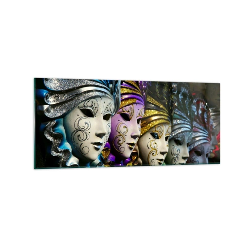 Obraz na szkle - Maski weneckie w różnych kolorach z ozdobnymi wzorami - 120x50cm - Tajemnica w złocie i w srebrze - Nowoczesna dekoracja ścienna do salonu i sypialni ARTTOR