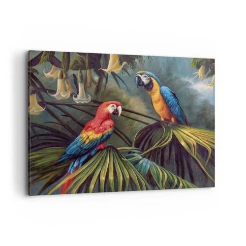 Obraz na płótnie - Papugi w tropikalnym lesie na tle egzotycznych kwiatów - 100x70cm - Romantyzm w tropikach - Nowoczesna dekoracja ścienna do salonu, kuchni i sypialni ARTTOR