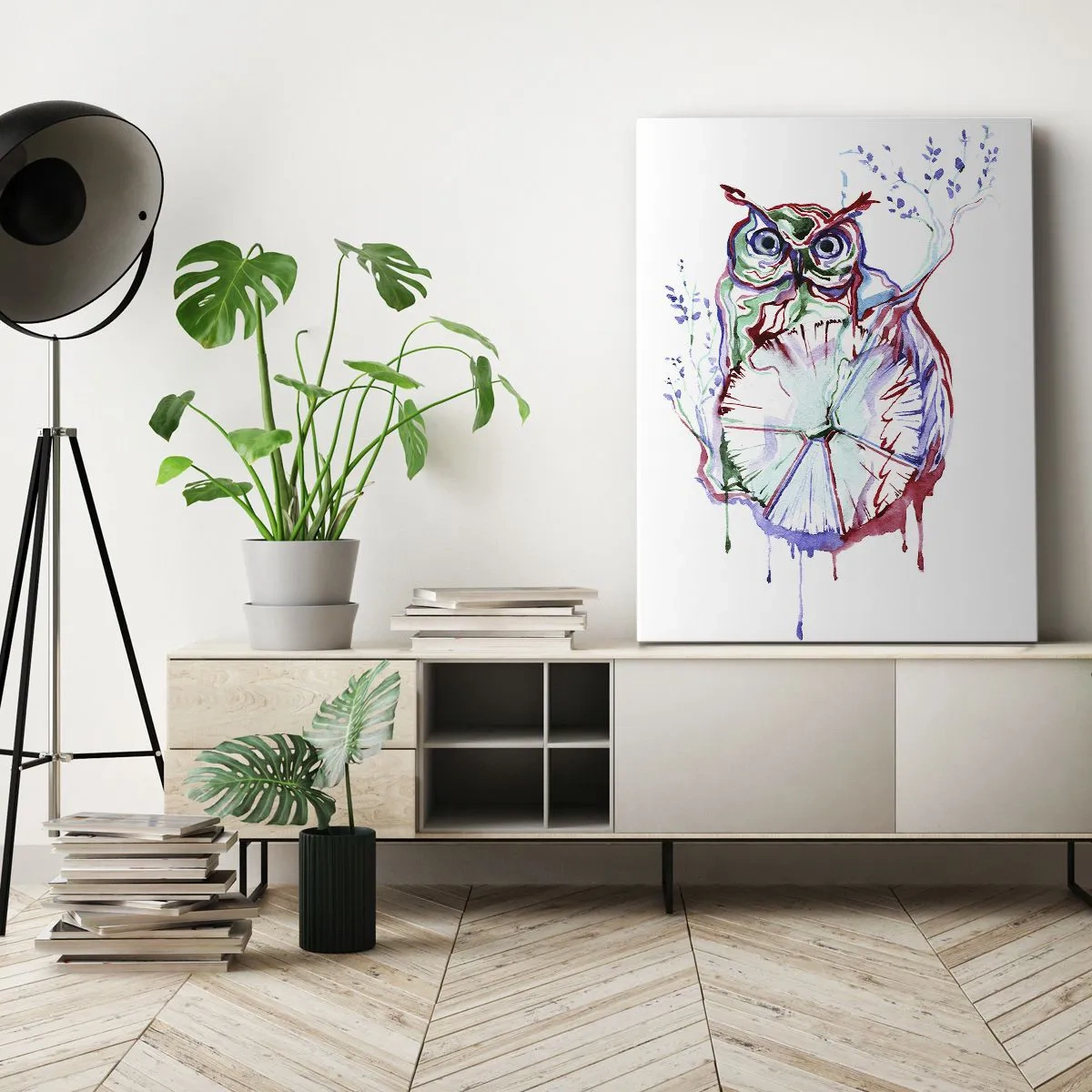 Obraz na płótnie - Abstrakcyjna sowa z akwarelowymi akcentami w odcieniach zieleni i czerwieni - 50x70cm - Mądra z natury - Nowoczesna dekoracja ścienna do salonu, kuchni i sypialni ARTTOR