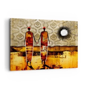 Obraz na płótnie - Abstrakcyjna para postaci na tle złotych wzorów i krajobrazu - 120x80cm - Kompozycja etniczna w kolorach Afryki - Nowoczesna dekoracja ścienna do salonu, kuchni i sypialni ARTTOR