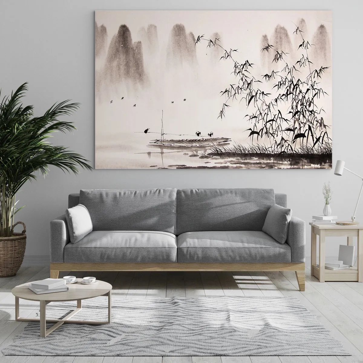 Obraz na szkle - Minimalistyczna scena z bambusem i łodzią na jeziorze - 70x50cm - Cisza ryżowych pól - Nowoczesna dekoracja ścienna do salonu i sypialni ARTTOR