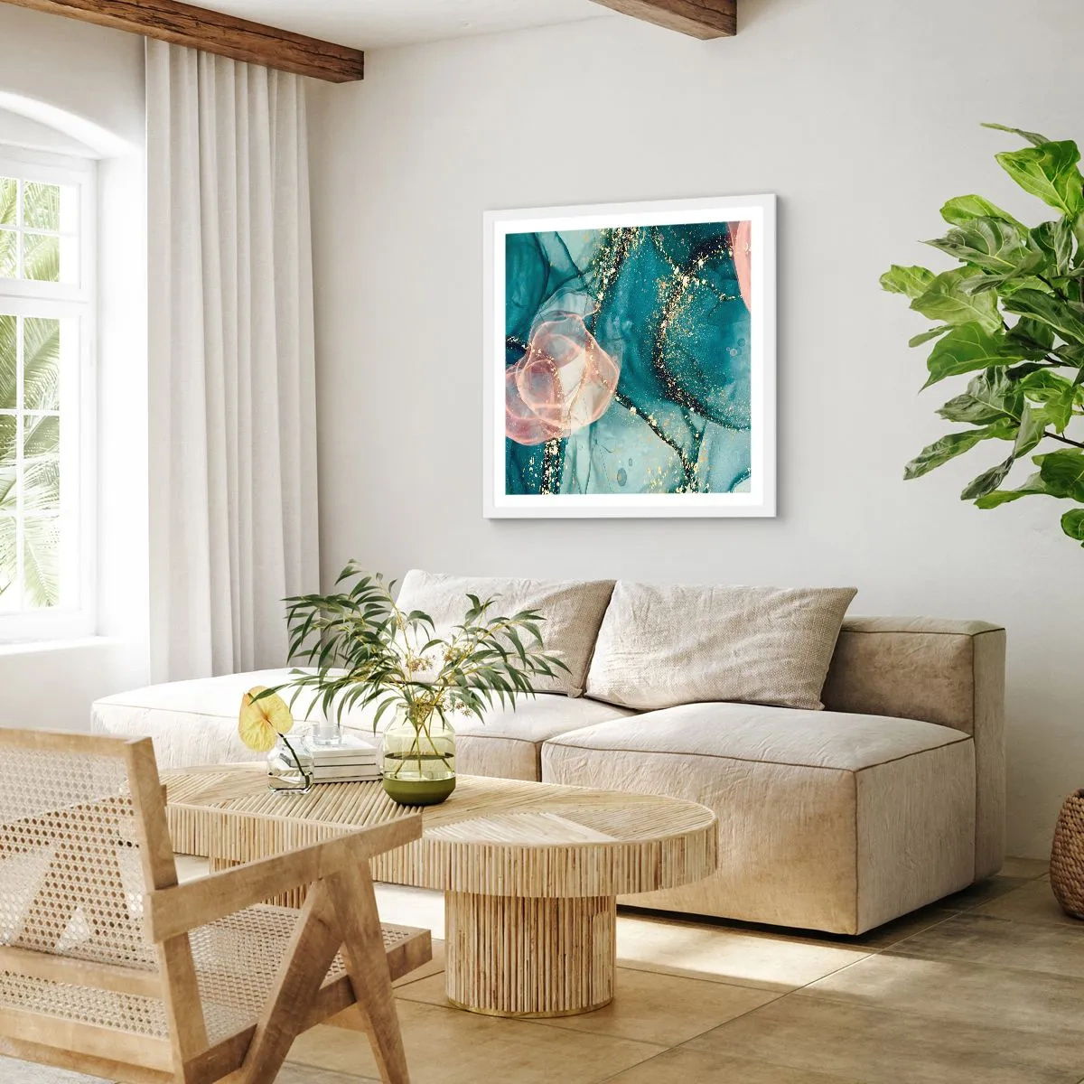 Plakat w białej ramie - Jedwabny błękit, tiulowy róż - 40x40 cm