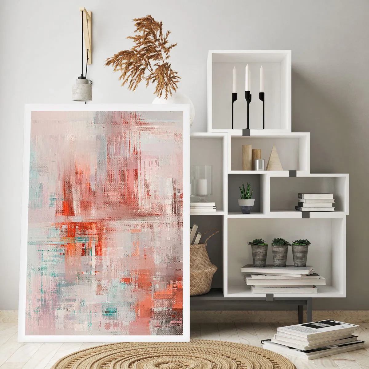 Plakat - Abstrakcyjna kompozycja w odcieniach czerwieni i błękitu - 50x70cm - Zamglone. Ale różowe - Nowoczesna dekoracja ścienna do salonu, kuchni i sypialni ARTTOR