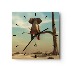 Zegar ścienny - Siedzący na gałęzi słoń z widokiem na pustynny krajobraz - 30x30cm - Nowy punkt widzenia - Nowoczesna dekoracja ścienna do salonu i sypialni ARTTOR