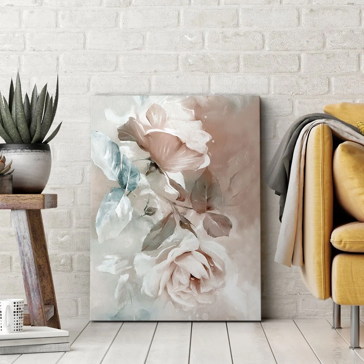 Obraz na płótnie - Delikatne, pastelowe róże na tle w ciepłych odcieniach beżu i błękitu. - 50x70cm - Duch romantyzmu - Nowoczesna dekoracja ścienna do salonu, kuchni i sypialni ARTTOR
