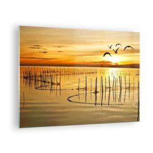 Obraz na szkle - Zachód słońca nad jeziorem z ptakami i siatkami rybackimi - 70x50cm - Na łowisku - Nowoczesna dekoracja ścienna do salonu i sypialni ARTTOR