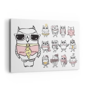 Obraz na płótnie - Sowy w różnych stylach i ubraniach - 120x80cm - Tyle ról do zagrania - Nowoczesna dekoracja ścienna do salonu, kuchni i sypialni ARTTOR