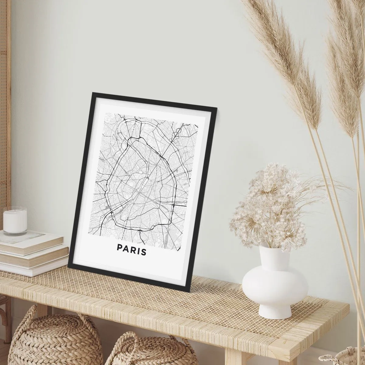 Plakat w czarnej ramie - Mapa Paryża w minimalistycznym stylu czarno-białym - 50x70cm - Kwiat Paryża - Nowoczesna dekoracja ścienna do salonu i sypialni ARTTOR