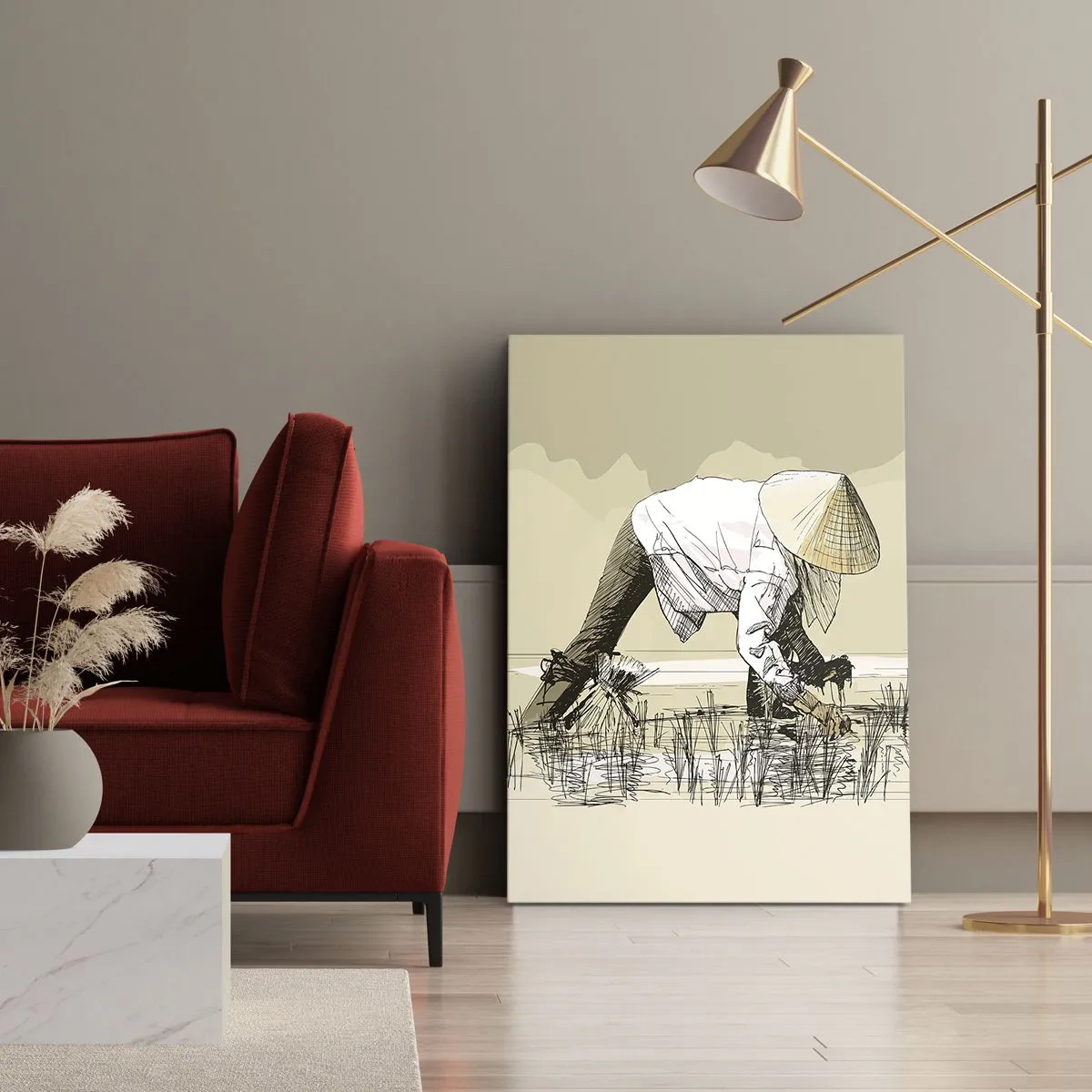 Obraz na płótnie - Ilustracja pracującego rolnika w polu ryżowym - 50x70cm - Udanych zbiorów - Nowoczesna dekoracja ścienna do salonu, kuchni i sypialni ARTTOR