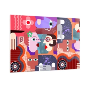 Obraz na szkle - Abstrakcyjna kompozycja twarzy i kształtów w intensywnych barwach - 100x70cm - Oko w oko - Nowoczesna dekoracja ścienna do salonu, kuchni i sypialni ARTTOR