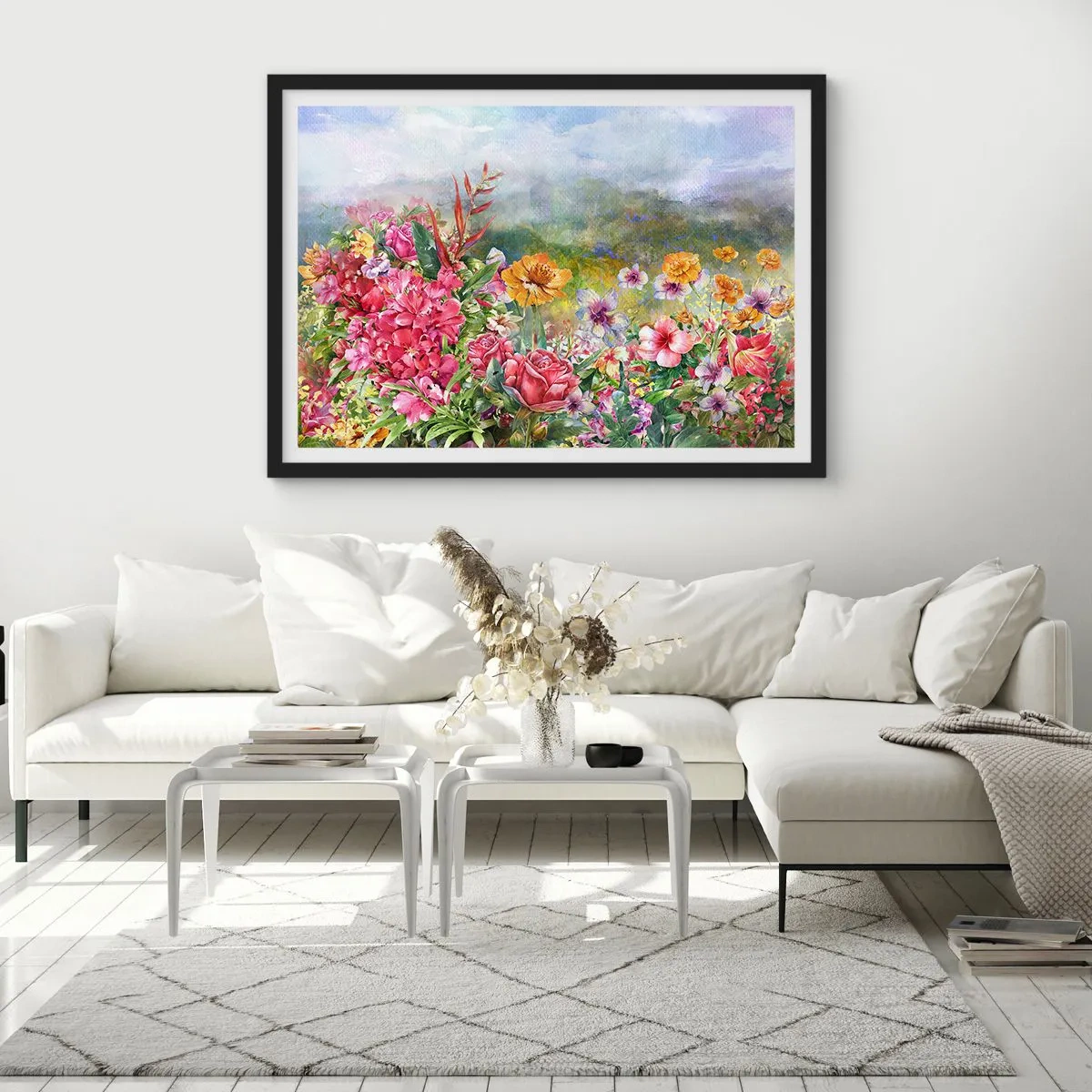 Plakat w czarnej ramie - Barwna kompozycja kwiatów na tle pejzażu w pastelowych kolorach - 70x50cm - Ogród, który oszalał - Nowoczesna dekoracja ścienna do salonu i sypialni ARTTOR