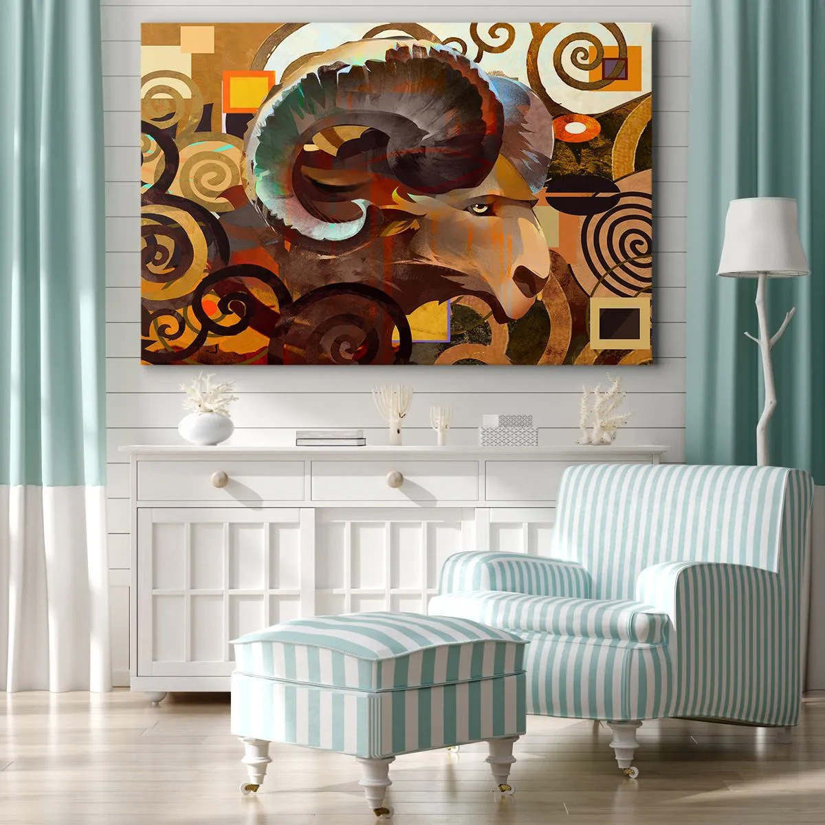 Obraz na płótnie - Symboliczny baran w abstrakcyjnej kompozycji - 70x50cm - Magie - religie - rytuały - Nowoczesna dekoracja ścienna do salonu i sypialni ARTTOR