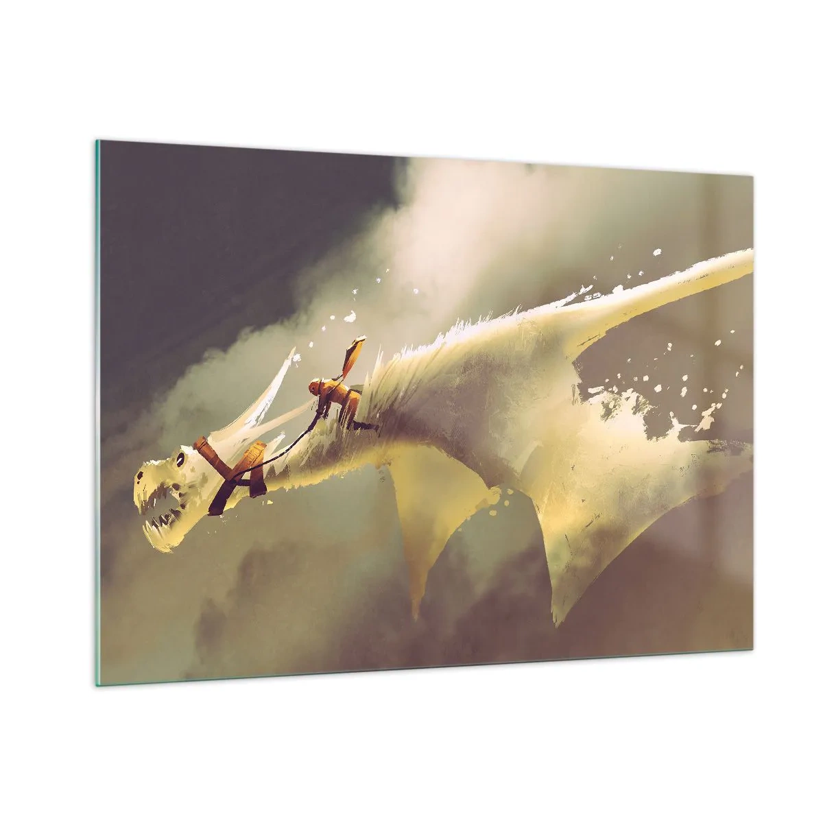 Obraz na szkle - Postać na grzbiecie białego smoka w mglistym krajobrazie - 100x70cm - Światu na ratunek - Nowoczesna dekoracja ścienna do salonu, kuchni i sypialni ARTTOR