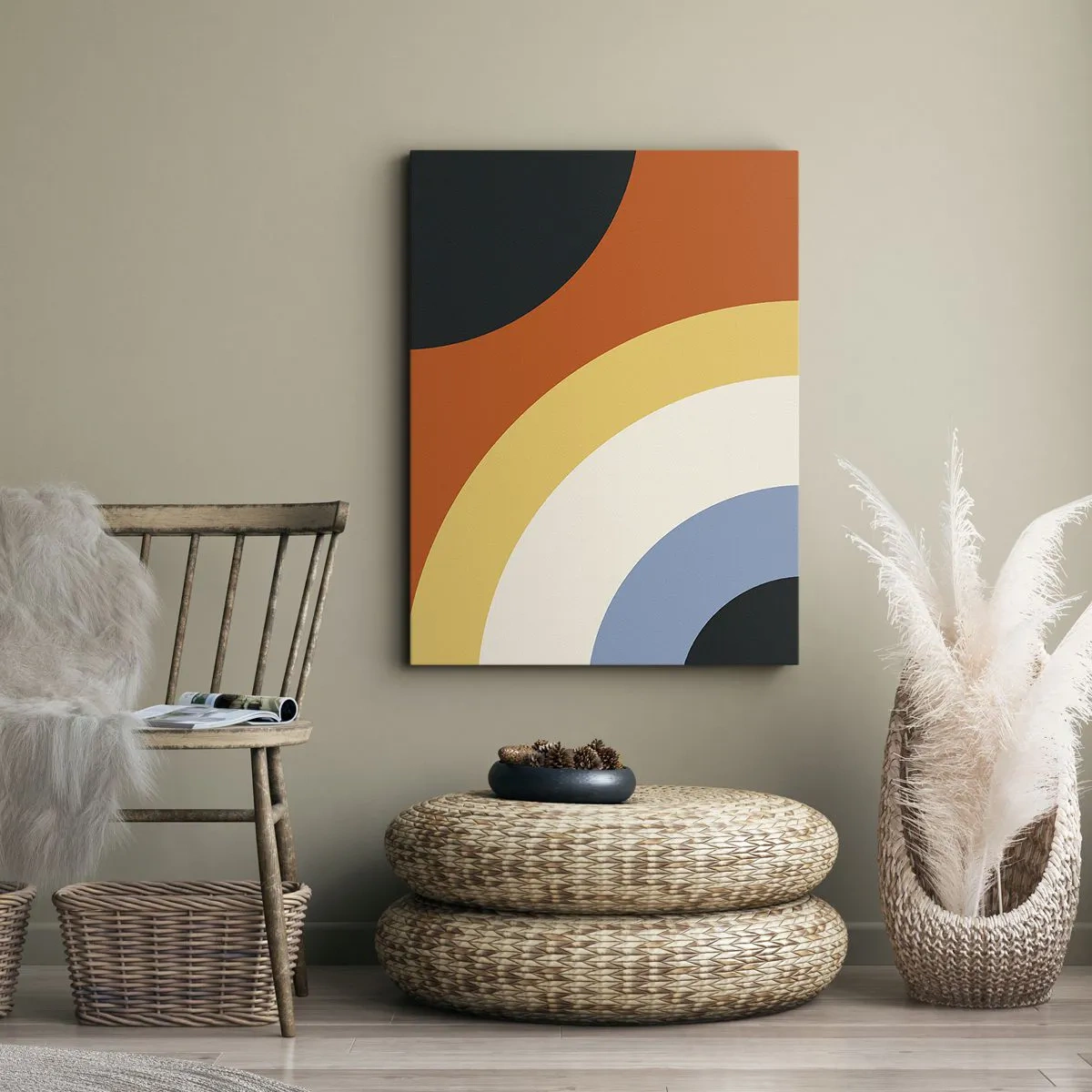 Obraz na płótnie - Abstrakcyjna grafika z kolorowymi łukami i kontrastowymi kołami - 70x100cm - Ku sobie - Nowoczesna dekoracja ścienna do salonu i sypialni ARTTOR