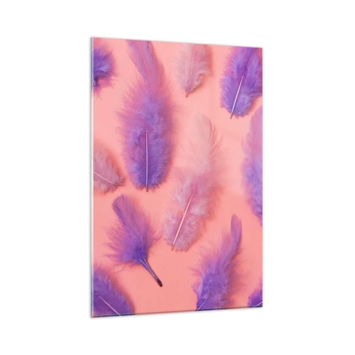 Obraz na szkle - Fioletowe i różowe piórka na pastelowym tle - 80x120cm - Liliowy ptak pragnienia - Nowoczesna dekoracja ścienna do salonu i sypialni ARTTOR