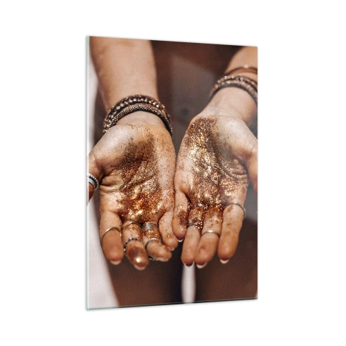 Obraz na szkle - Otwarte dłonie z brokatem w ciepłym świetle - 50x70cm - Dar dla ciebie - Nowoczesna dekoracja ścienna do salonu, kuchni i sypialni ARTTOR