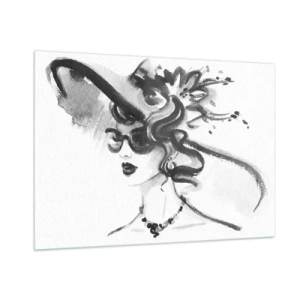 Obraz na szkle - Czarno-biały portret kobiety w kapeluszu - 100x70cm - Dama z charakterem - Nowoczesna dekoracja ścienna do salonu, kuchni i sypialni ARTTOR