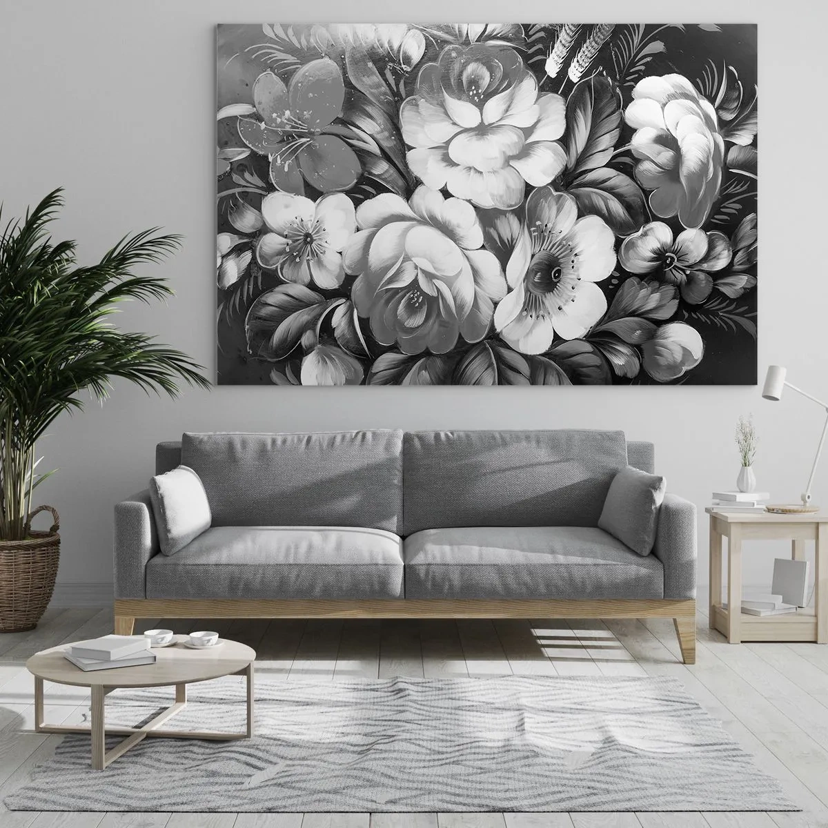 Obraz na szkle - Elegancki bukiet kwiatów w odcieniach szarości - 100x70cm - Piękne nawet w szarości - Nowoczesna dekoracja ścienna do salonu, kuchni i sypialni ARTTOR