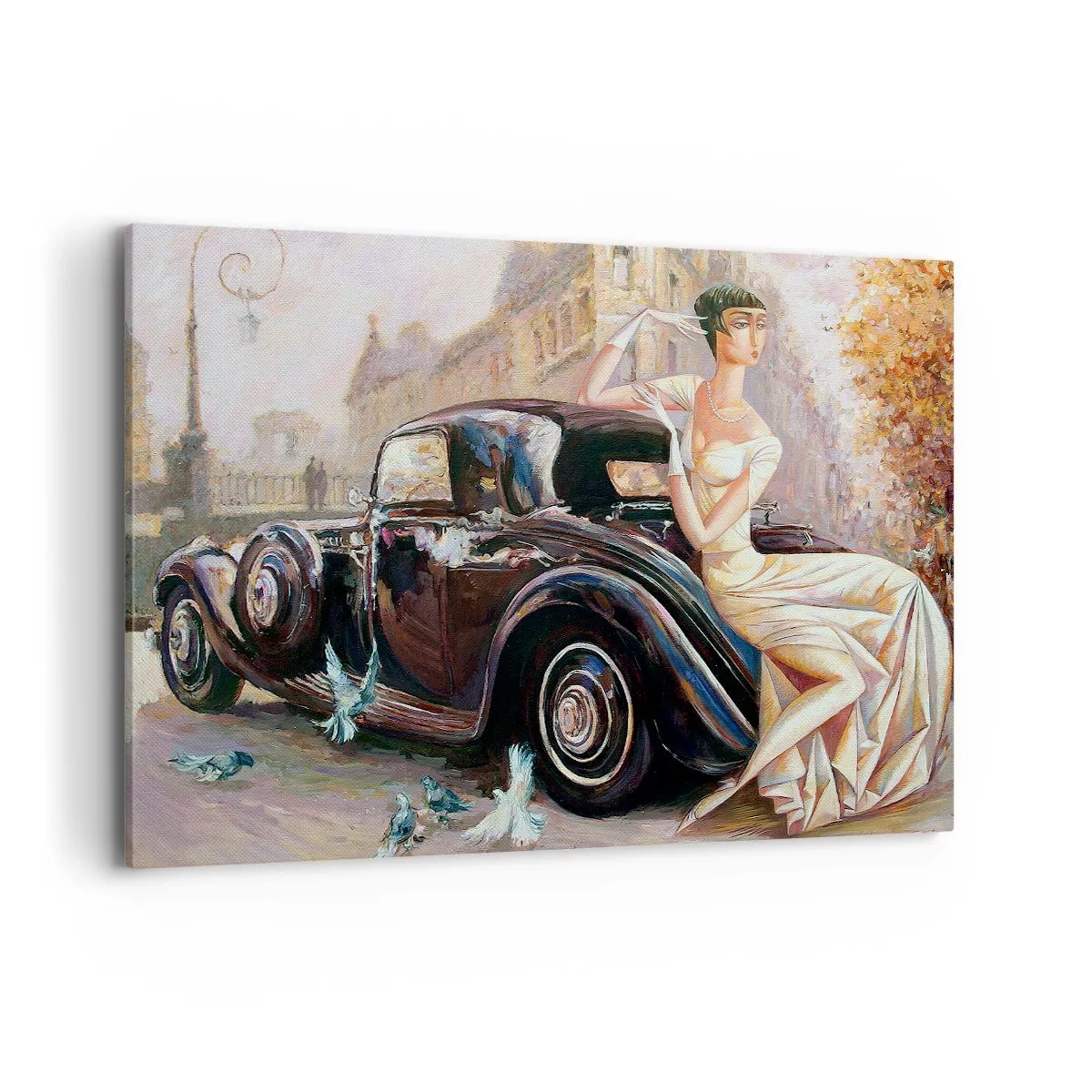 Obraz na płótnie - Kobieta w stylu retro obok klasycznego samochodu - 120x80cm - Elegancja w stylu retro - Nowoczesna dekoracja ścienna do salonu, kuchni i sypialni ARTTOR