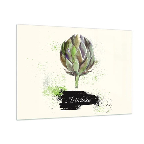 Obraz na szkle - Akwarelowa karczochowa grafika z napisem Artichoke - 100x70cm - Eviva warzywa! - Nowoczesna dekoracja ścienna do salonu, kuchni i sypialni ARTTOR