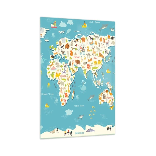 Obraz na szkle - Kolorowa mapa świata z ilustracjami zwierząt - 70x100cm - Kochamy cały świat - Nowoczesna dekoracja ścienna do salonu i sypialni ARTTOR
