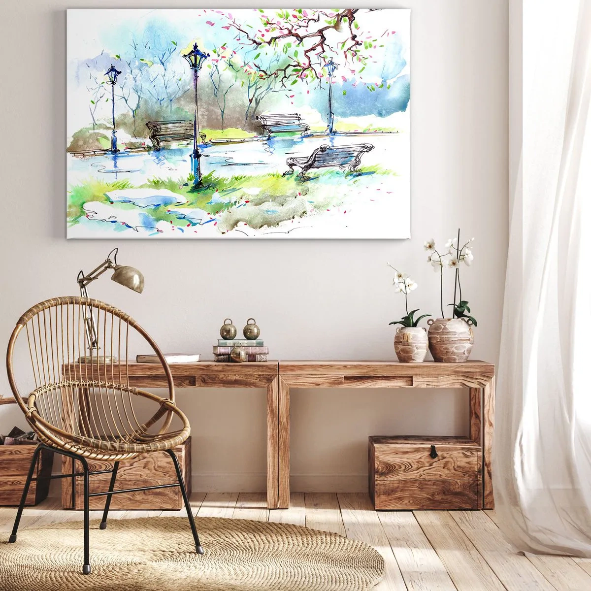 Obraz na płótnie - Akwarelowa scena parku z ławkami i lampami - 100x70cm - Czar parkowej ciszy - Nowoczesna dekoracja ścienna do salonu, kuchni i sypialni ARTTOR