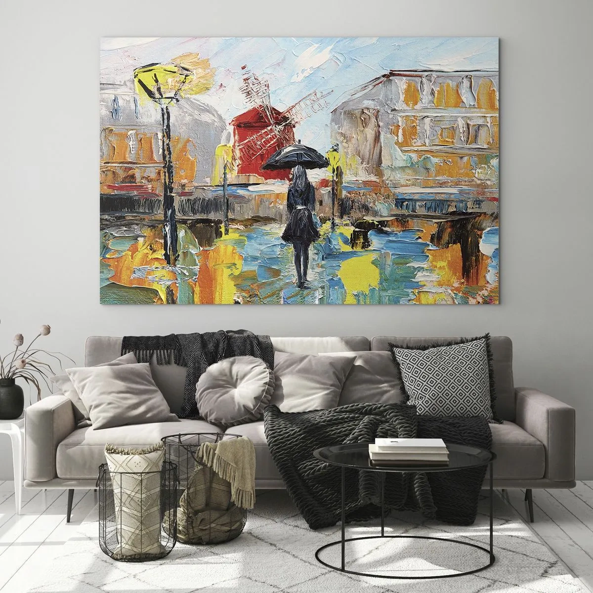 Obraz na szkle - Kobieta z parasolem na tle miasta w stylu impresji - 70x50cm - Paryskie legendy - Nowoczesna dekoracja ścienna do salonu i sypialni ARTTOR