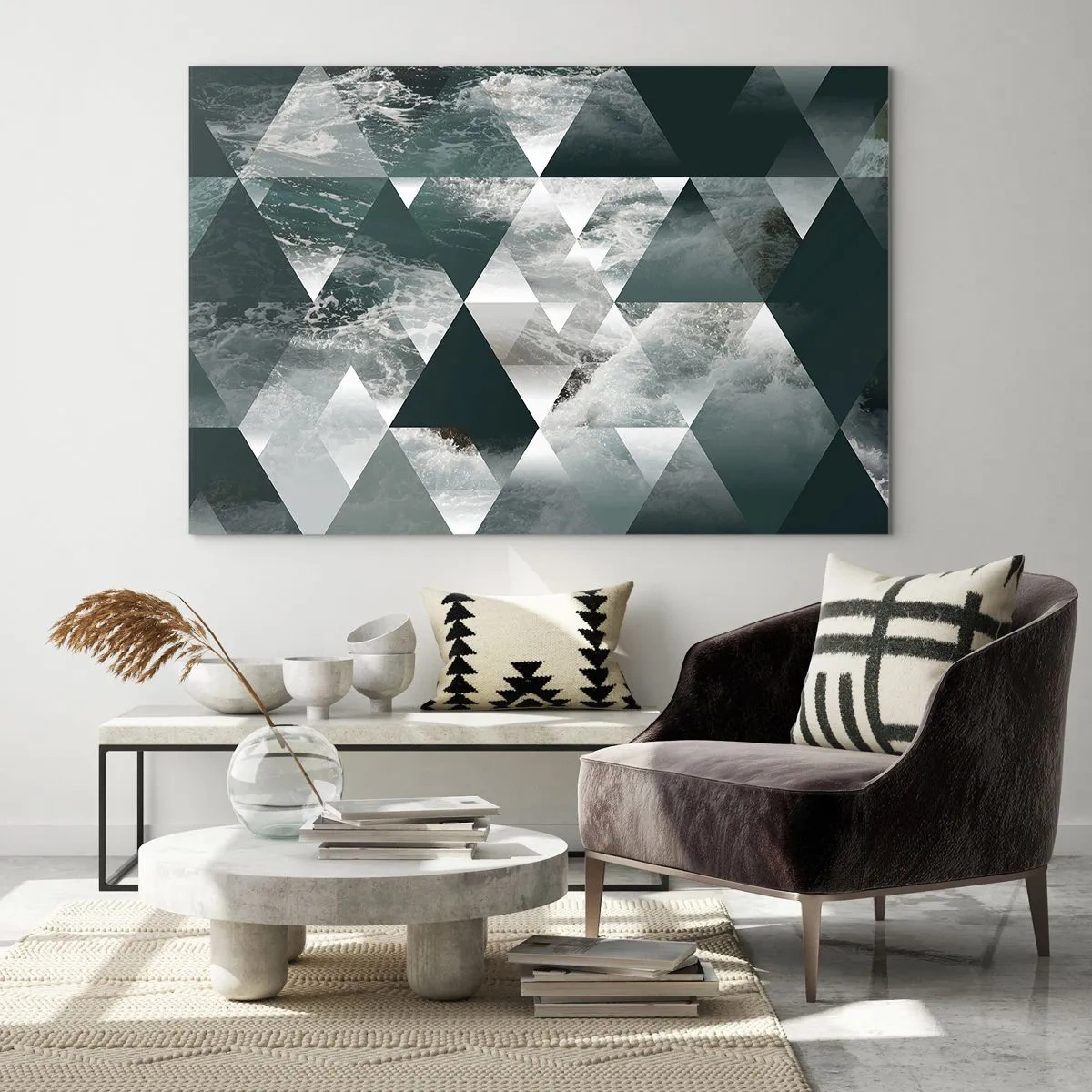 Obraz na szkle - Abstrakcyjna kompozycja trójkątów z motywem fal wodnych - 120x80cm - Kryształowa perspektywa - Nowoczesna dekoracja ścienna do salonu, kuchni i sypialni ARTTOR