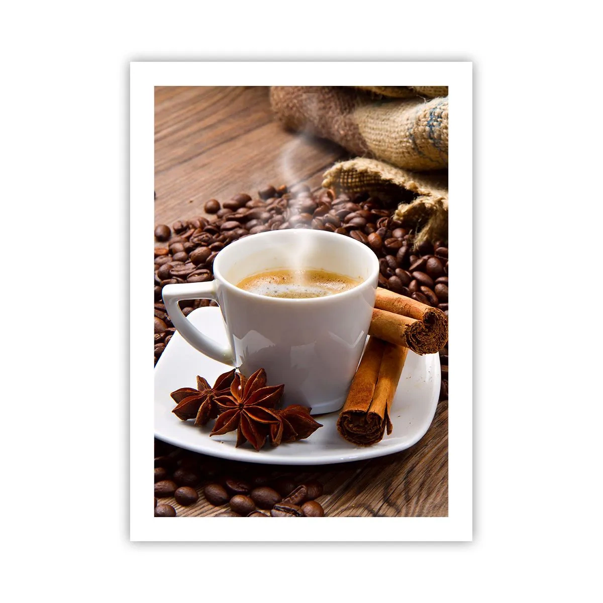 Plakat - Filiżanka kawy z przyprawami na tle ziaren - 50x70cm - Korzenny smak i aromat - Nowoczesna dekoracja ścienna do salonu, kuchni i sypialni ARTTOR