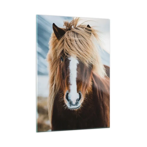 Obraz na szkle - Koń na tle górskiego krajobrazu zimą - 50x70cm - Czujesz wolność? - Nowoczesna dekoracja ścienna do salonu, kuchni i sypialni ARTTOR