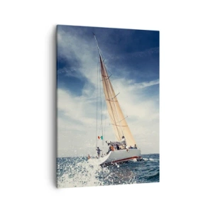 Obraz na płótnie - Jacht żaglowy na wzburzonym morzu pod błękitnym niebem - 50x70cm - Nas nie dogonią! - Nowoczesna dekoracja ścienna do salonu, kuchni i sypialni ARTTOR