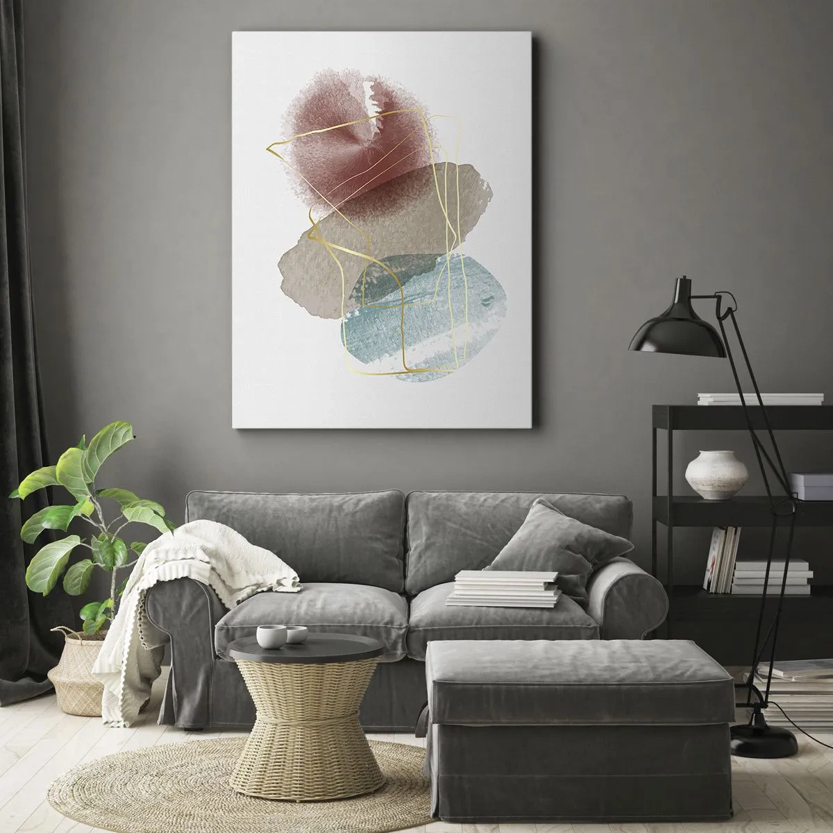 Obraz na płótnie - Abstrakcyjna kompozycja akwarelowych plam w pastelowych kolorach - 50x70cm - Korale przestrzeni - Nowoczesna dekoracja ścienna do salonu, kuchni i sypialni ARTTOR